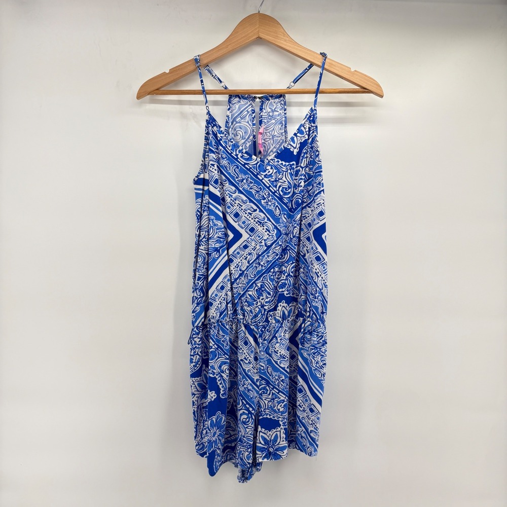 Lilly Pulitzer Blue White Geometric Floral Rayon Romper XS 12671 Summer Resort